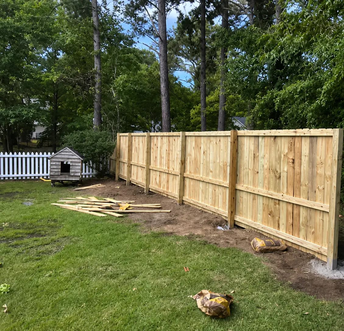 Privacy fence construction in progress
