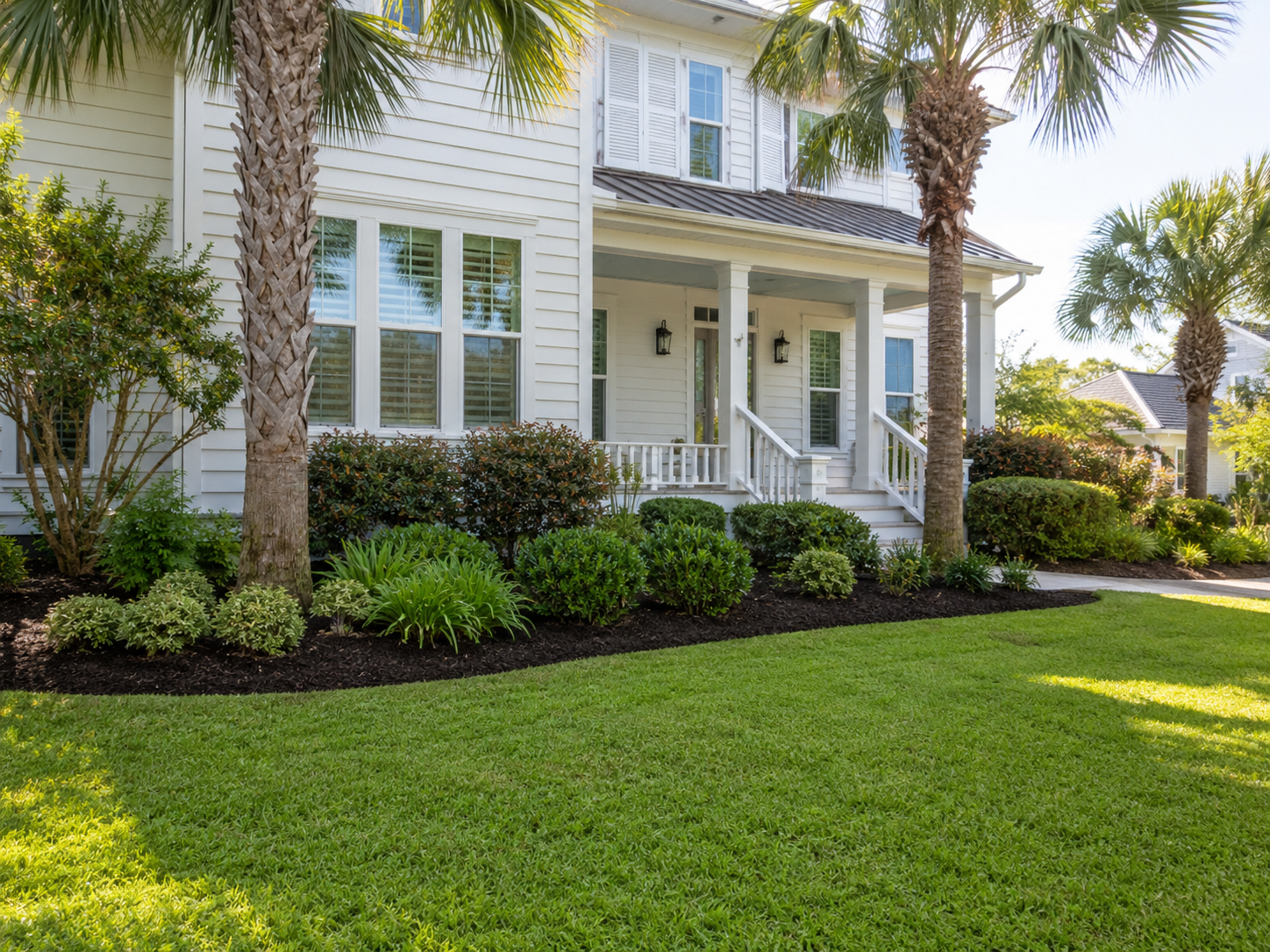 Refreshed front landscape beds with trimmed shrubs and clean lawn in Mount Pleasant