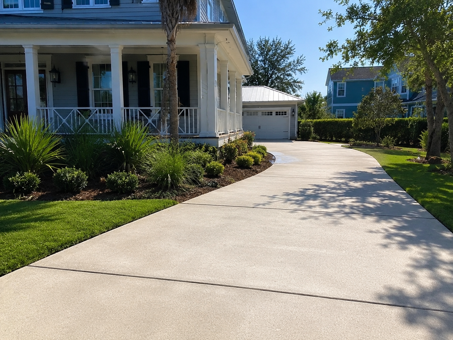 Clean driveway, trimmed lawn, and refreshed landscape beds after outdoor cleanup work