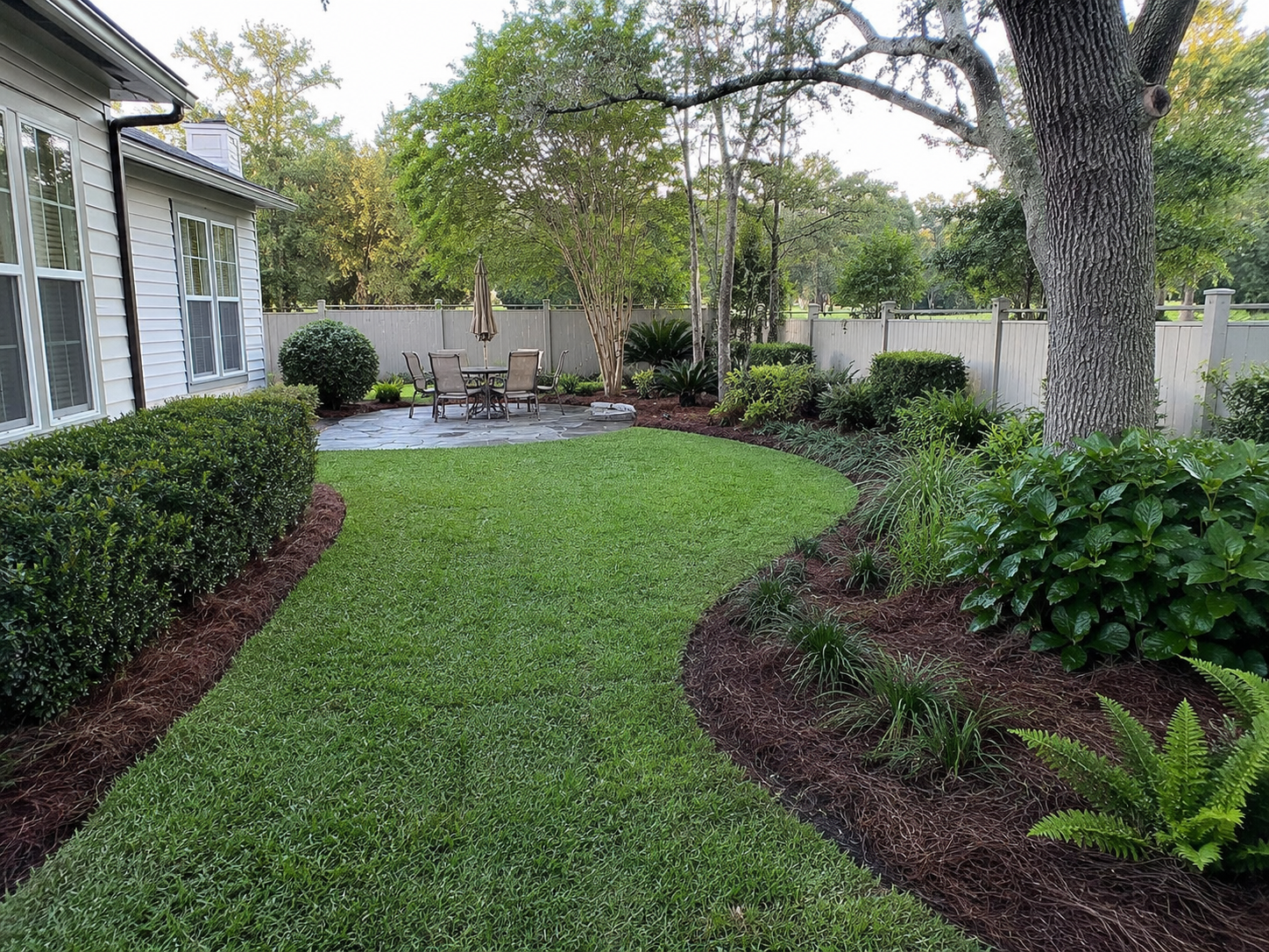 Backyard cleanup with fresh pine straw, trimmed beds, and a neat lawn area